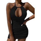 Hollow Out Pleated Halter Mini Dress Casual Slim Fashion New Backless 2025 Women Sexy Bodycon Dress Elegant Summer Party Dresses