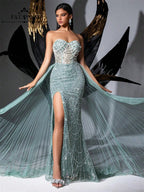 FATAPAESE Glamour Sequin Pearls Luxury Evening Dresses Sexy Tulle Train Party Dress for Wedding Charity Prom Award Ceremony