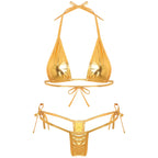 Womens Brazilian Micro Bikini Swimsuit Biquini Set Lacing Non-Padded Triangle Cup Bra Top with G-String Metallic Shiny Swimwear
