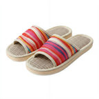 Striped Linen Open Toe Slippers Breathable Indoor House Slippers Anti Slip EVA Sole Lightweight Casual Home Slides For Men Women