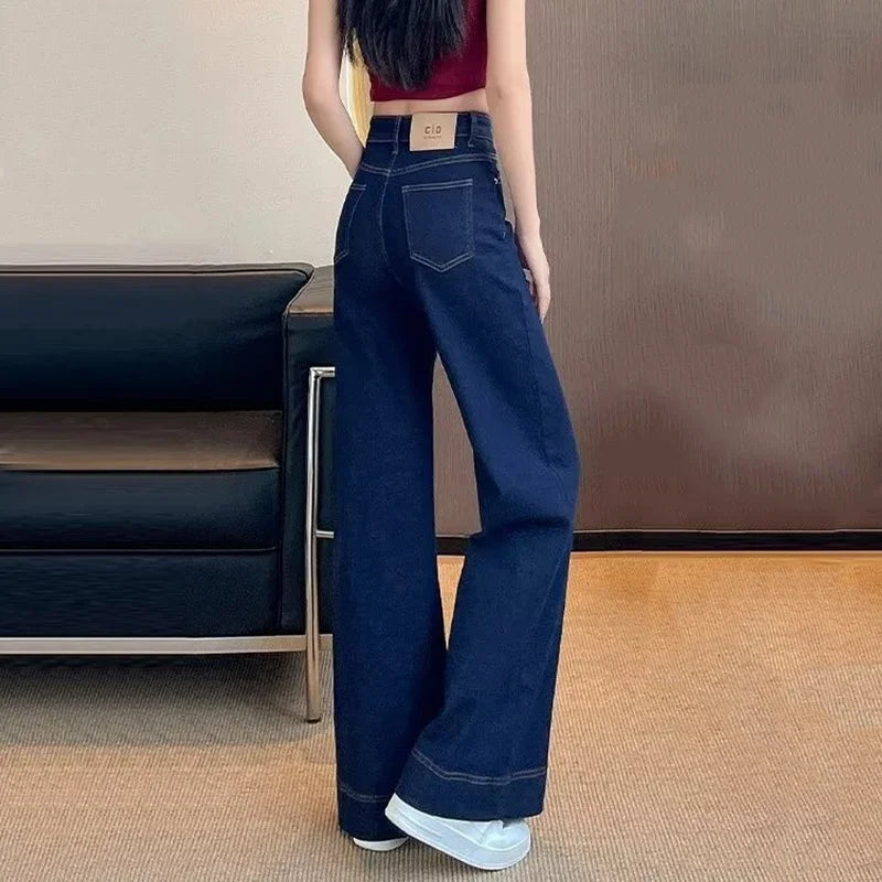 Girls Fashion Korean Straight Casual Jeans Female Baggy High Waist Wide Leg Denim Pants Women Classic Wash Dark-blue Trousers Secondary image