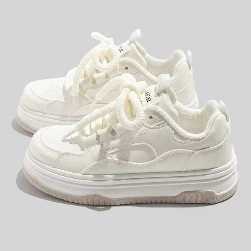 Round-toe Lace-up Casual White Thick-soled Vulcanized Shoes Seasonal New Comfortable Flat-soled Fashion Sneakers