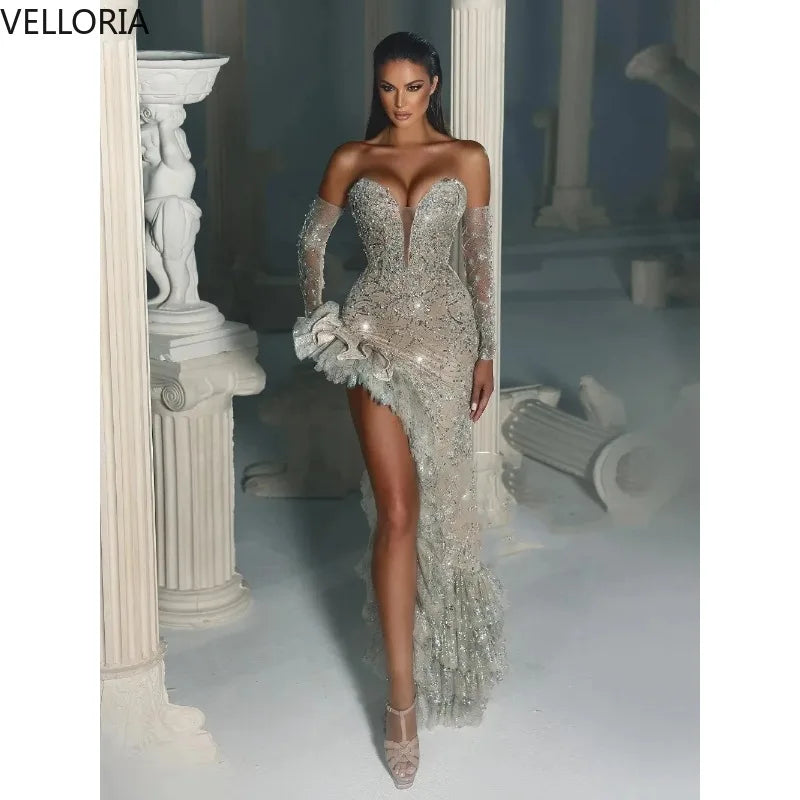 Sparkly Silver Champagne Evening Dress Corset Bodice Ruffled Slit Beaded Mermaid Formal Gowns Wedding Reception Vestidos Custom