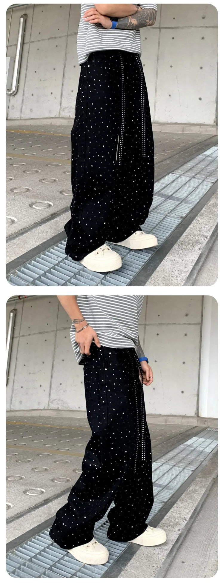 Pants Denim Men Jeans Wide Leg Long Pant Vintage Loose Hot Drilling High Waist Straight Trousers Y2k Streetwear Lace Up Spring