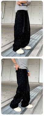 Pants Denim Men Jeans Wide Leg Long Pant Vintage Loose Hot Drilling High Waist Straight Trousers Y2k Streetwear Lace Up Spring