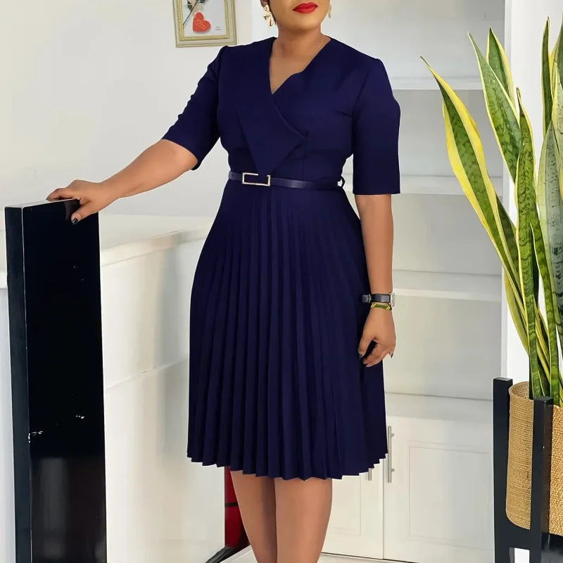 New Fashion V Neck Solid Color Pleated African Maxi Dress for Plus Size Women Elegant Evening Gown Petite Formal Dresses Summer Secondary image
