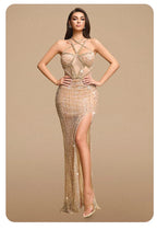 Sexy Gold Sequin Evening Dresses for Women – Luxury Crystal Beaded Prom Dress with High Slit Formal Party Mermaid Gown for Gala