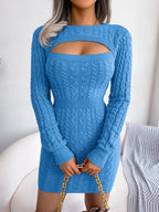 VigoCasey 2026 Blue Casual Short Knit Dress Autumn Winter Women Long Sleeve Dress Sexy Lady Solid Hollow Bodycon Knitted Dresses