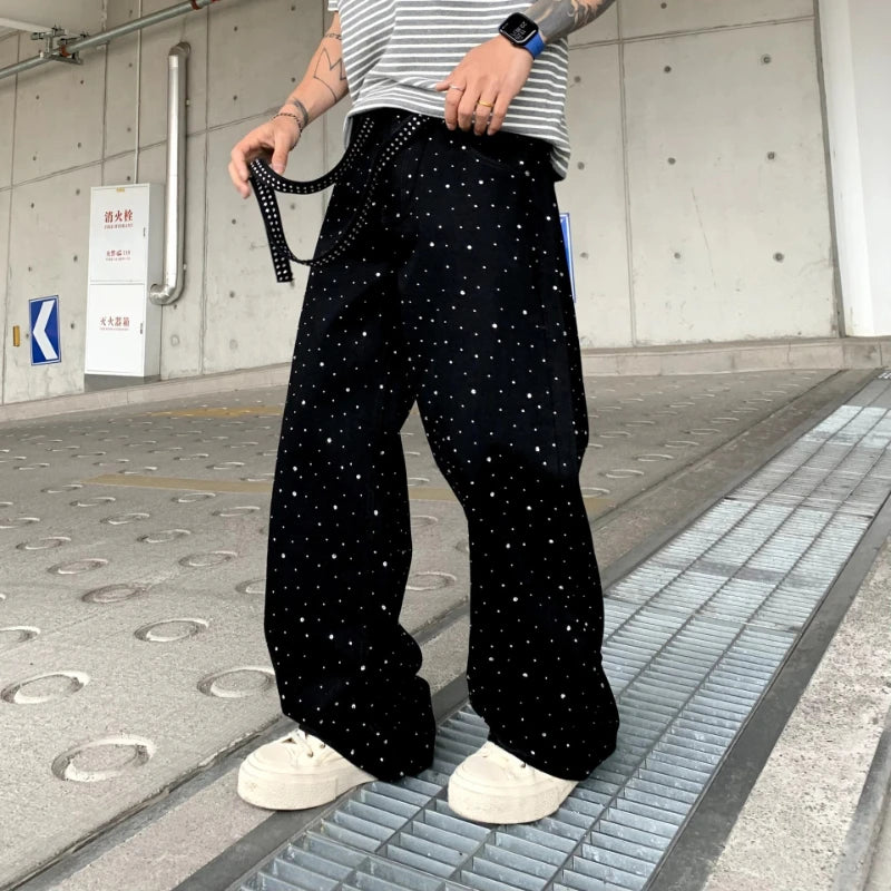 Pants Denim Men Jeans Wide Leg Long Pant Vintage Loose Hot Drilling High Waist Straight Trousers Y2k Streetwear Lace Up Spring