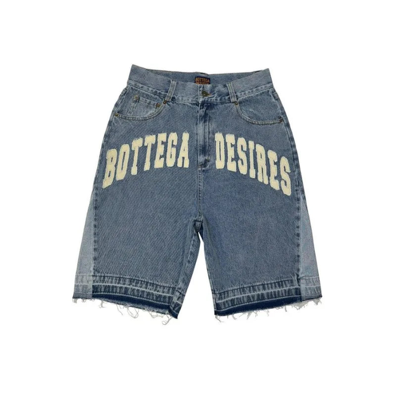 Deeptown Y2k Vintage Harajuku Denim Shorts Women Washed Letter Embroidery Tassels American Retro Jeans Man Baggy Hip Hop Jorts Main image