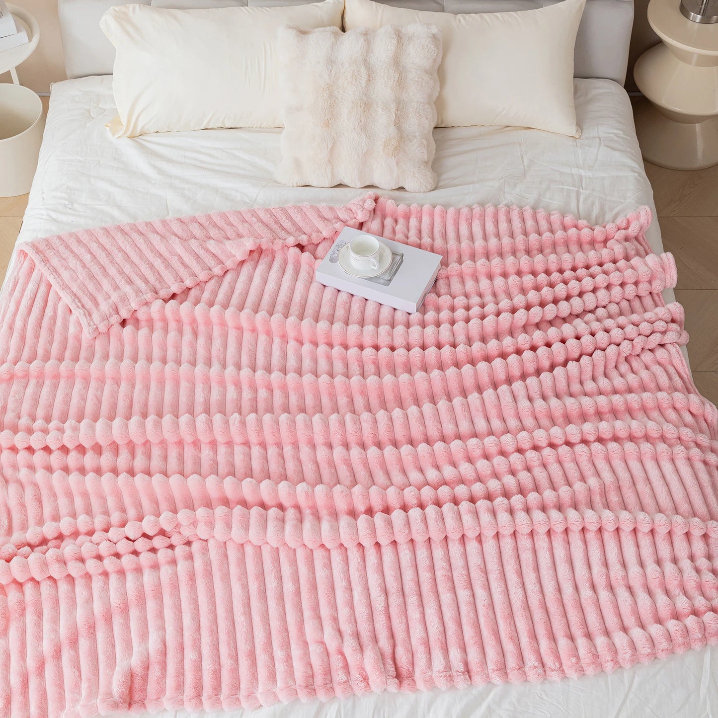 1pc solid color thick wide stripe multifunctional blanket, can be used as bed sheet covering blanket, nap blanket, pet blanket