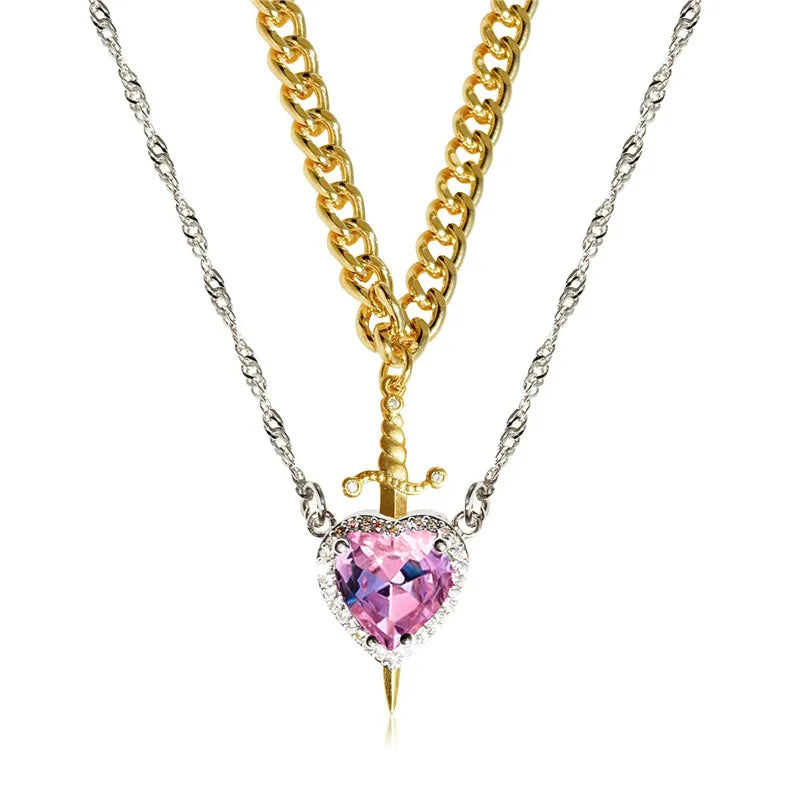 Heart and Sword Necklace Couple Necklaces Zircon Crystal Ring Bracelet Necklace Jewelry Set for Romantic Valentine's Day Gifts