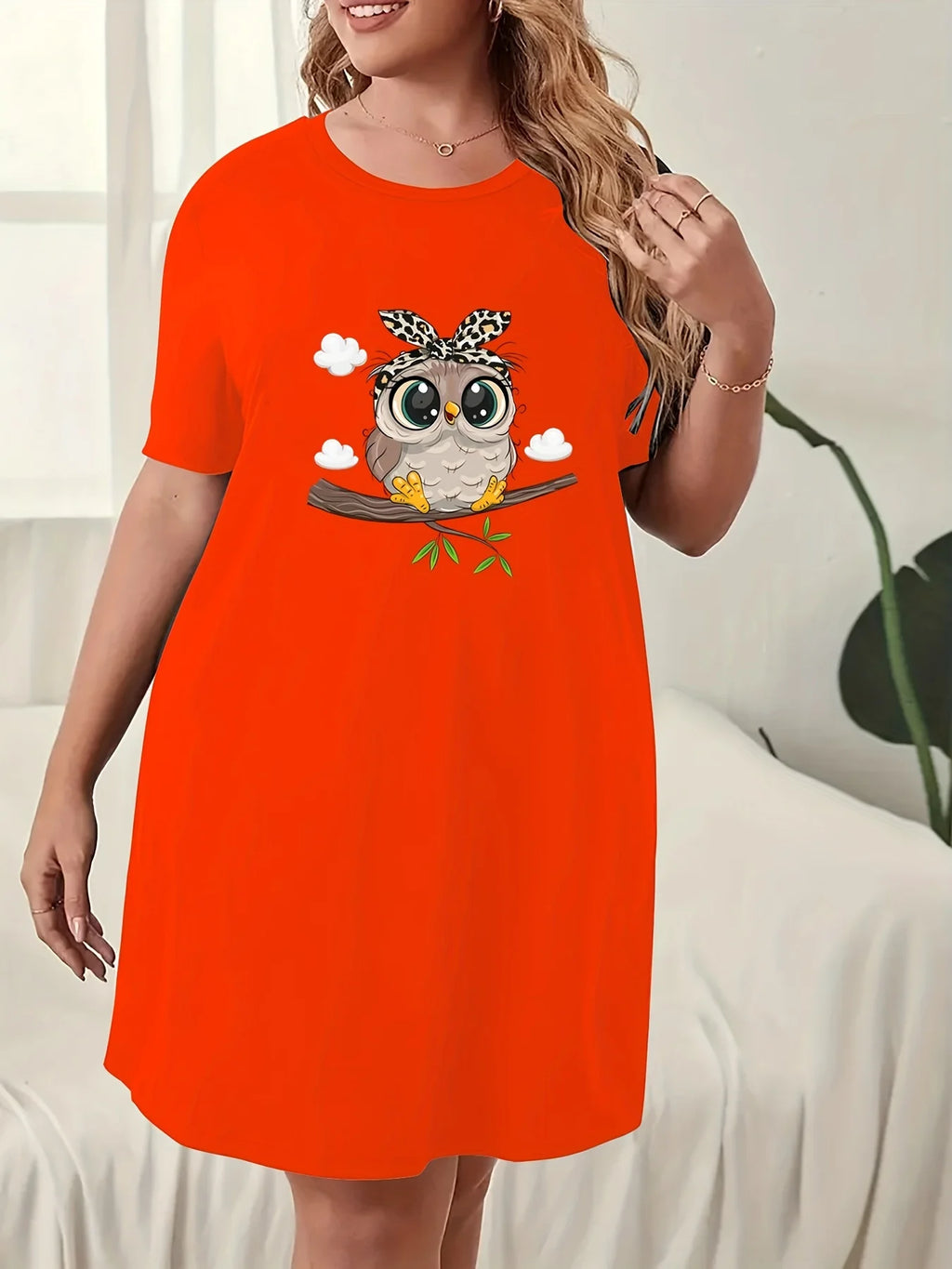 Plus Size Dresses Women's Nightgowns Round Neck Short Sleeve Dress Printed Owl Micro Stretch Oversized Dresses Women's Homewear