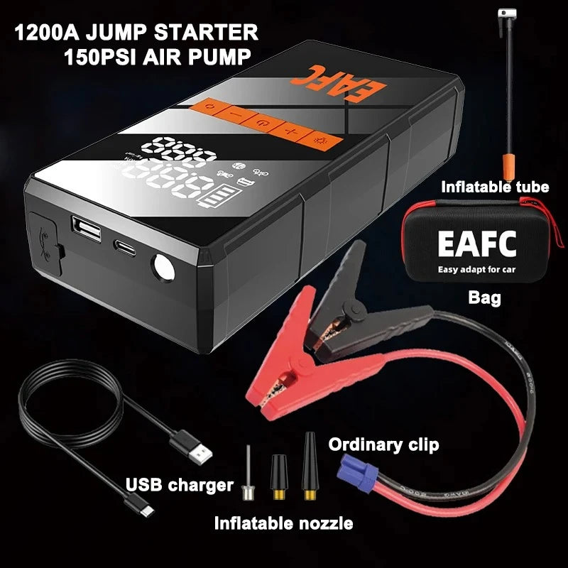 EAFC 1200A Smart Car Jump Starter with 150PSI Air Pump -8000mAh Power Bank  LED Light Smart Inflate for Cars Motorcycles Trucks