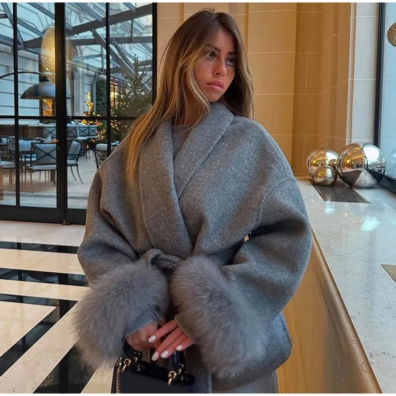 Elegant Lace Up Woolen Short Coat Solid Loose Lapel Furry Belt Long Sleeve Jacket Female 2025 Autumn Winter Lady Chic Cardigan