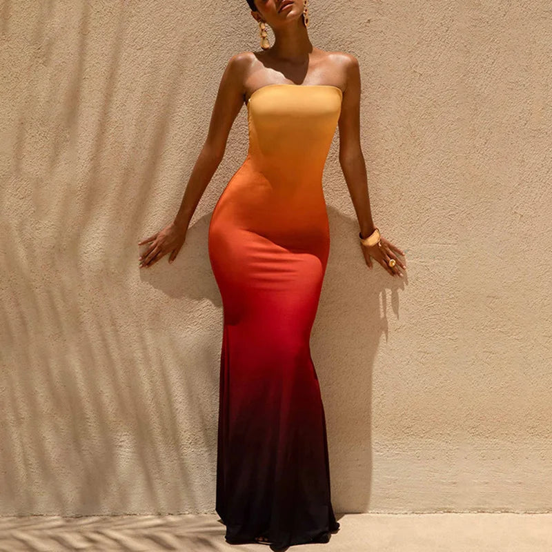 Sexy Tube Top Floral Printed One-piece Robes Summer Casual Off Shoulder Sleeveless Party Dress Elegant Lady Slim Fishtail Dress