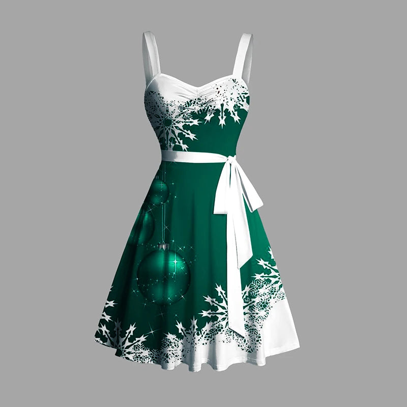 Dressfo Women's Christmas Dresses Sweetheart Neck Snowflake Bell Contrast Print Ruched Bust Tank Belt Festival Dress Vestidos