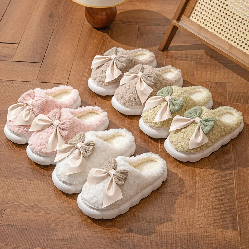 Cotton slippers for Women Autumn and Winter Thick Sole Indoor Home Warm Couples Shoes Bow Non-Slip Flat Platform Women's Slipper