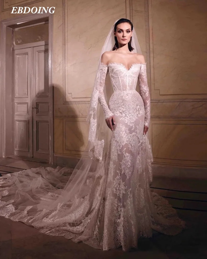 Newest Wedding Dress Mermaid Lace Sweetheart Neck Customized Chapel Train Off The Shoulder Sleeves Bride Gown Vestidos De Novias Main image