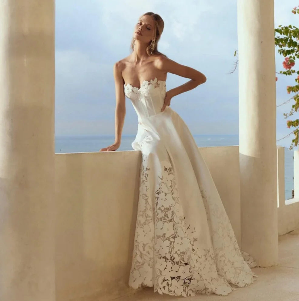 Customized  Elegant Wedding Dress  Women Illusion Lace Appliques Sleeveless Backless A-Line Long Tulle Bridal Gowns Main image