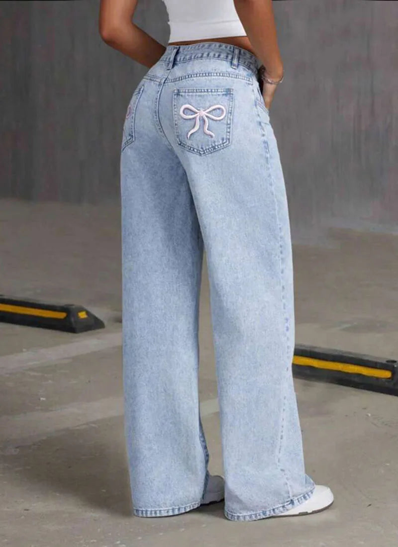Vintagestyle Women's Jeans Embroidered Fruits Loose Fitting Slim Design Wide Leg Floorlength Style Is Full Of Fashionable Charm