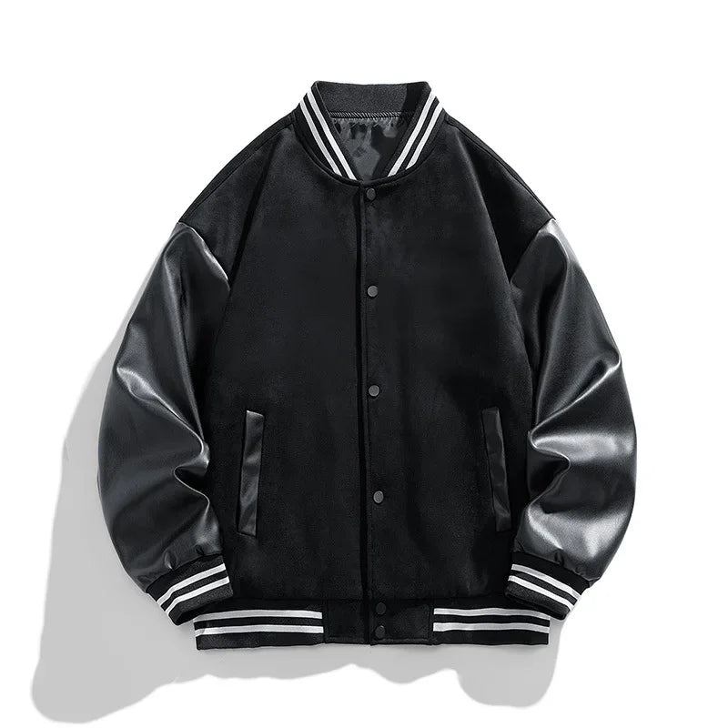 American Retro Suede Baseball Jacket Men's Spring Autumn Casual Leather Sleeve Outerwear JK819 Public Version Couple's Style