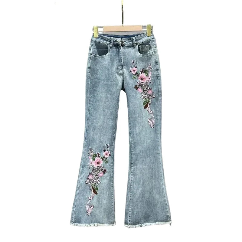 Y2k Jeans Trend Spring Summer Fashion All-match Lace Splicing Denim Straight Pants Blue Jeans for Women Streetwear Wide Leg New