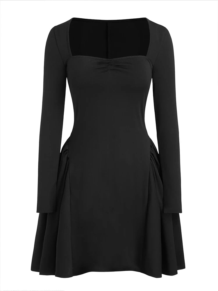Solid Colour Square Neck Mini Dress Trimmed with Bow and Ruffle Solid Colour Pullover Dress Best for Spring/Summer