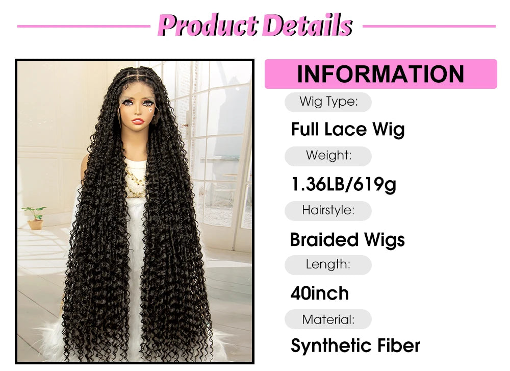 Full Lace Synthetic Box Braided Wigs Boho Braids Wig Black Women 40 Inches Synthetic Wig Afro Bohemian Braiding Hair