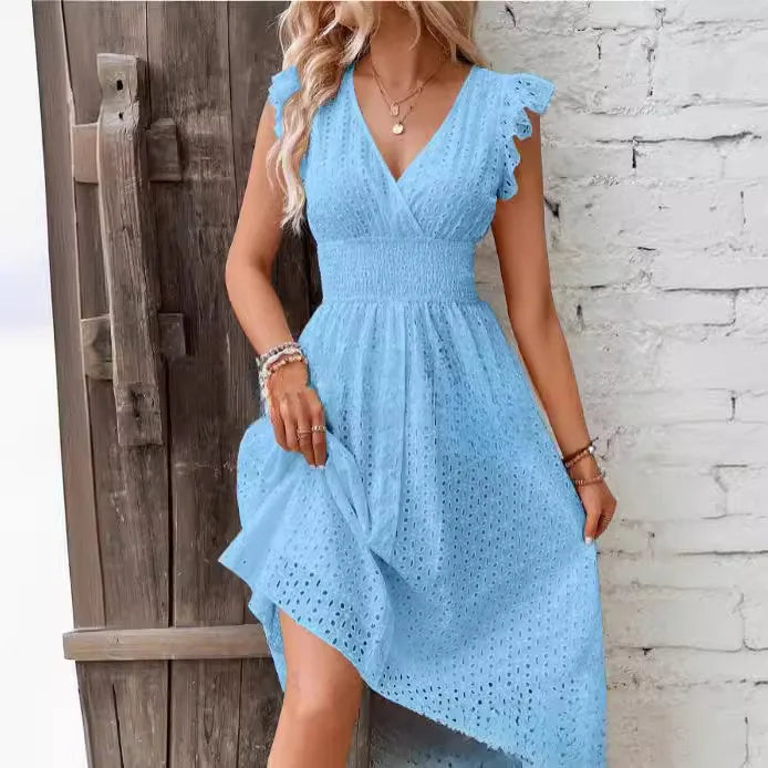 Summer Women V-Neck Beach Dress Flare Sleeve Solid Color Hollow Lace Waist Dress Casual Beach Holiday Dresses