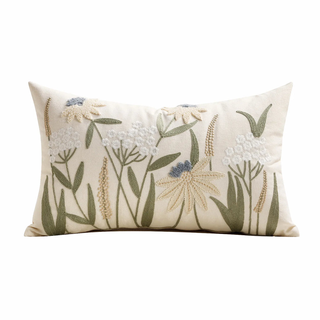 Spring Summer Floral Embroidered Decorative Throw Pillow Covers 12x20 Inch Farmhouse Beige Flowers Boho Cushion Case for Bedroom