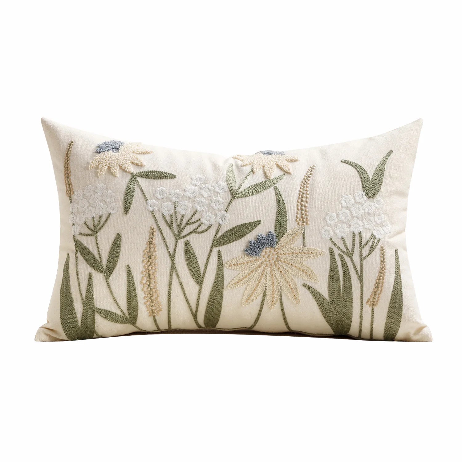 Spring Summer Floral Embroidered Decorative Throw Pillow Covers 12x20 Inch Farmhouse Beige Flowers Boho Cushion Case for Bedroom