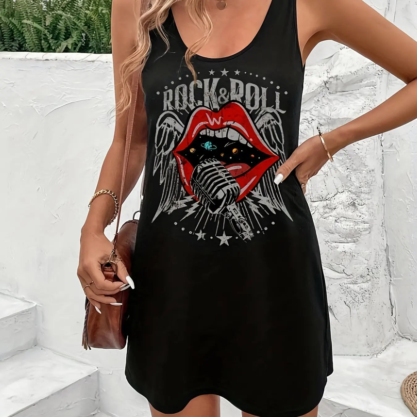 Women's Summer Sleeveless Tank Top Dress Sexy Women's summer loose sleeveless short mini dress with black print Secondary image