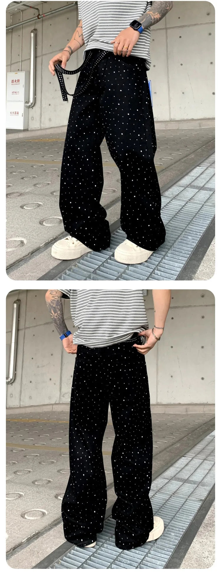 Pants Denim Men Jeans Wide Leg Long Pant Vintage Loose Hot Drilling High Waist Straight Trousers Y2k Streetwear Lace Up Spring