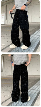 Pants Denim Men Jeans Wide Leg Long Pant Vintage Loose Hot Drilling High Waist Straight Trousers Y2k Streetwear Lace Up Spring
