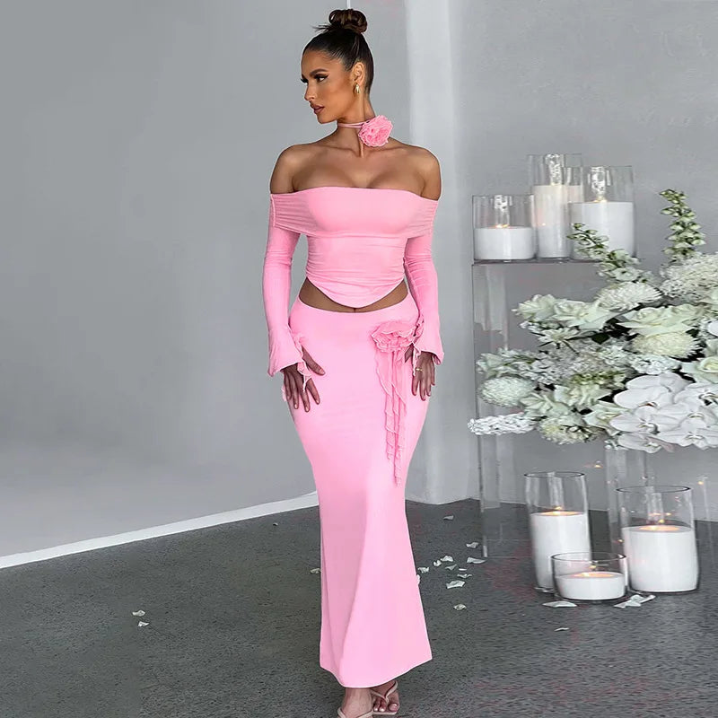 TARUXY Flower Bodycon Skirt Sets Women Slim Sexy Backless Lace Up Tops Women's Party Elegant Dress 2 Piece Womens Suits Outfits