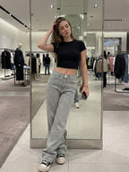 Women's Glittering Embellished Wide-Leg Pants Snowflake-Washed Denim Long Trousers Stretchy Fashionable Casual Pants