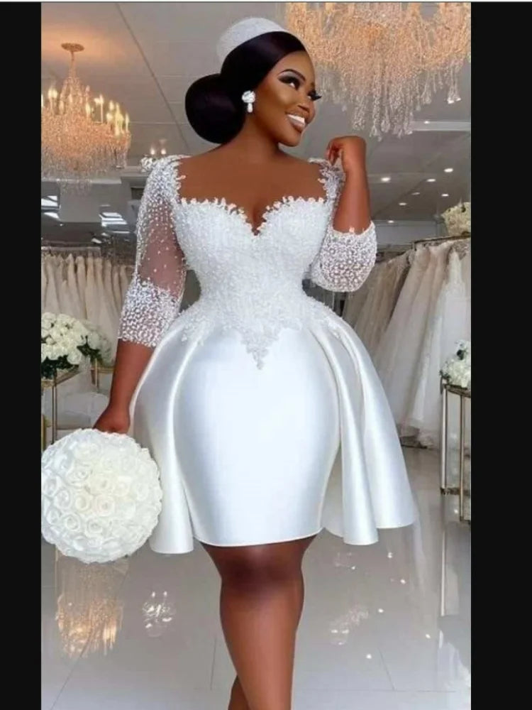 Customized  Sheer Neck Shinny Appliques Beads Short  Wedding Dress  Vestidos De Novia  Half Sleeves Knee Length Bridal Gowns Secondary image