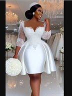 Customized  Sheer Neck Shinny Appliques Beads Short  Wedding Dress  Vestidos De Novia  Half Sleeves Knee Length Bridal Gowns