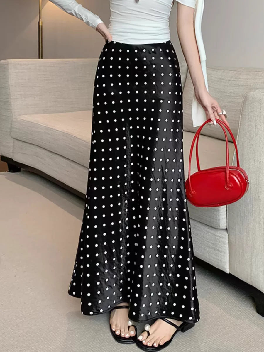 Women Polka Dot Acetate Satin Mermaid Maxi Skirt High-Waisted Slimming Fishtail Hem with Draped Elegance for Spring Autumn Secondary image