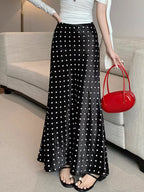 Women Polka Dot Acetate Satin Mermaid Maxi Skirt High-Waisted Slimming Fishtail Hem with Draped Elegance for Spring Autumn