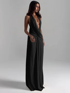 Sisterlinda Sexy High Splits Long Dress Women Halter Deep V-Neck Backless Sleeveless Summer Pool Party Ruched Elegant Vestidos