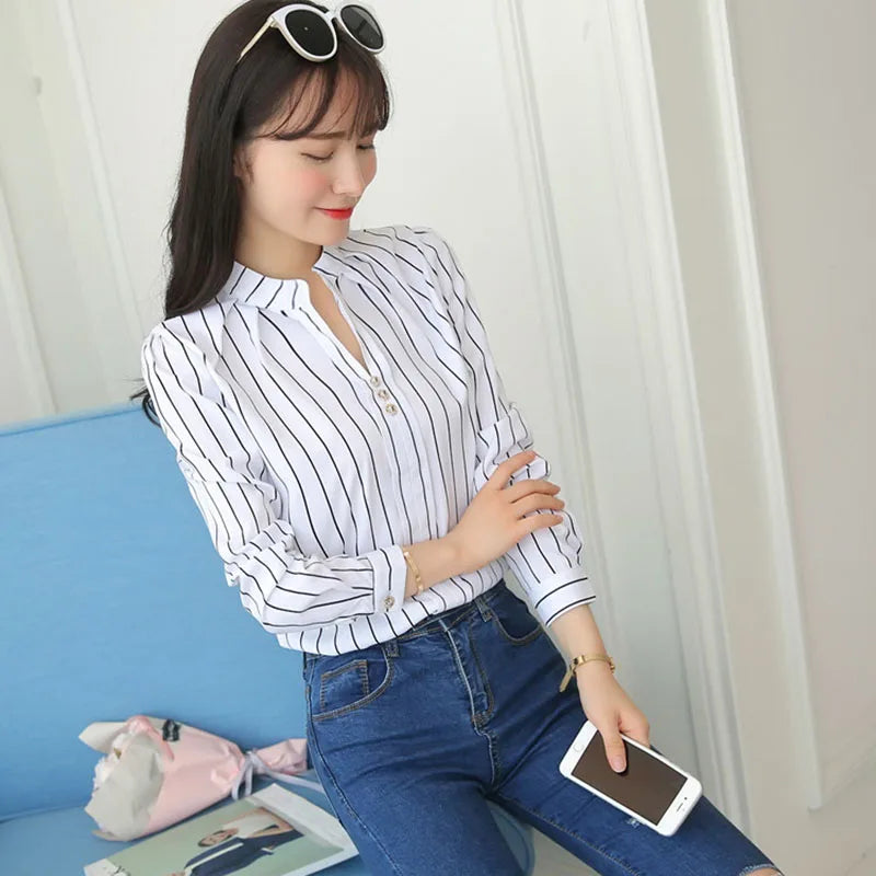 Xpqbb Autumn New White Shirt for Women Fashion Stripe Print Long Sleeve Office Lady Blouses Casual Loose Stand-up Collar Blusas
