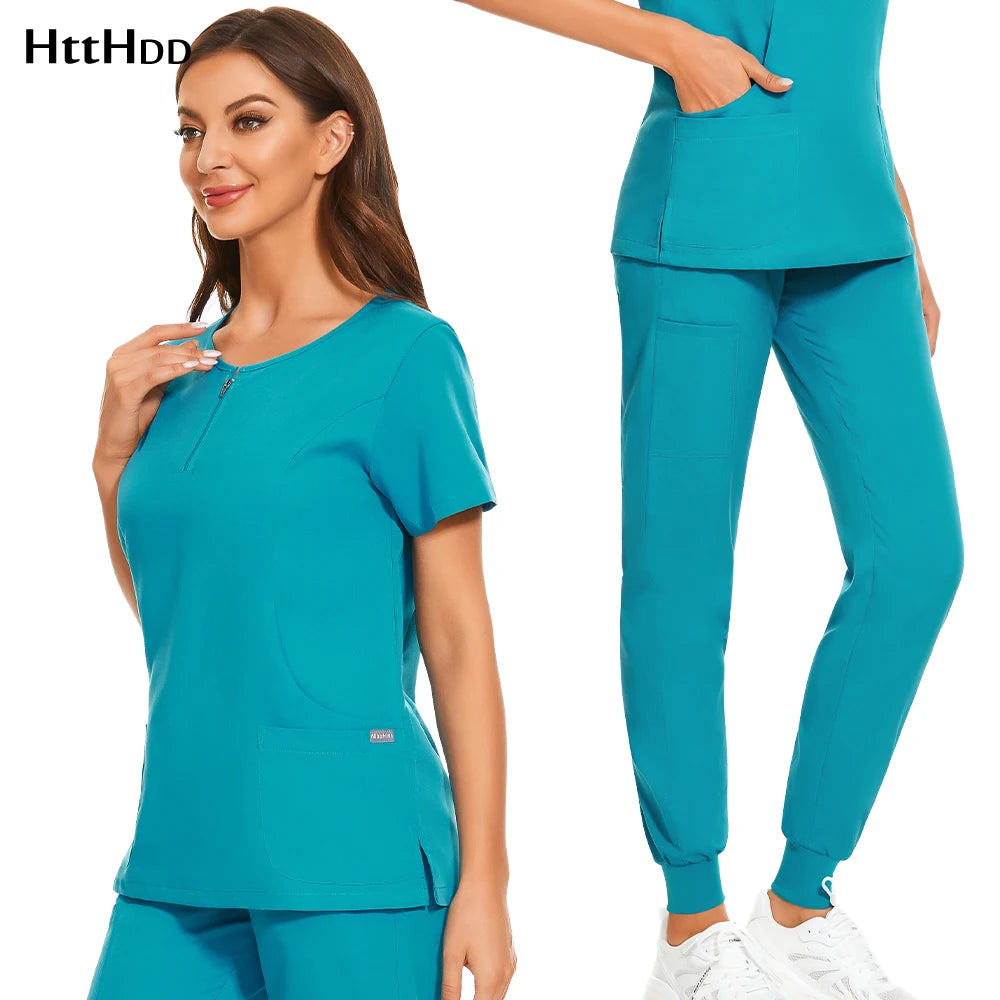 Wholesale 7 Colors Zipper V-neck Short Sleeve Pocket Nursing Working Top Pants Uniform Solid Breathable Soft Women Wear Suit Main image