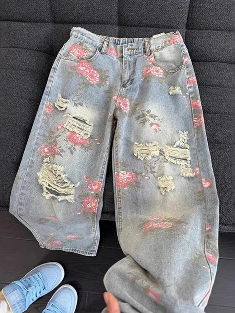 Vintage Cute High Waisted Straight Leg Jeans Casual Y2K Flower Printed Fringe Ripped Streetwear Denim Pants
