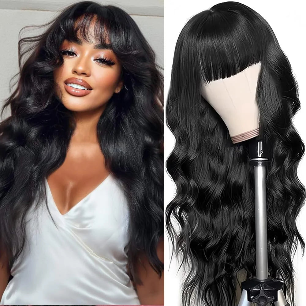 3X1 Glueless Wigs Human Hair with Bangs Body Wave Human Hair Wig with Bangs 3X1 Bleached Knots Lace Front Wig for Black Women Main image