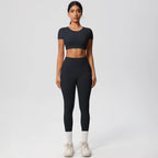 2PCS Woman Gym Sports Yoga Set Knitted Slim Workout Top Short Sleeve Quick Drying Legging Fitness Pants Running Sports Yoga Suit