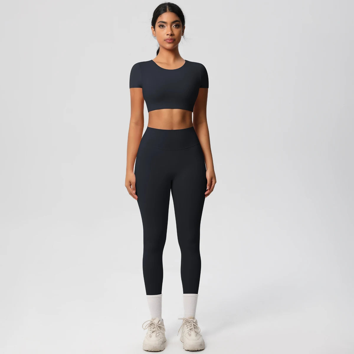 2PCS Woman Gym Sports Yoga Set Knitted Slim Workout Top Short Sleeve Quick Drying Legging Fitness Pants Running Sports Yoga Suit