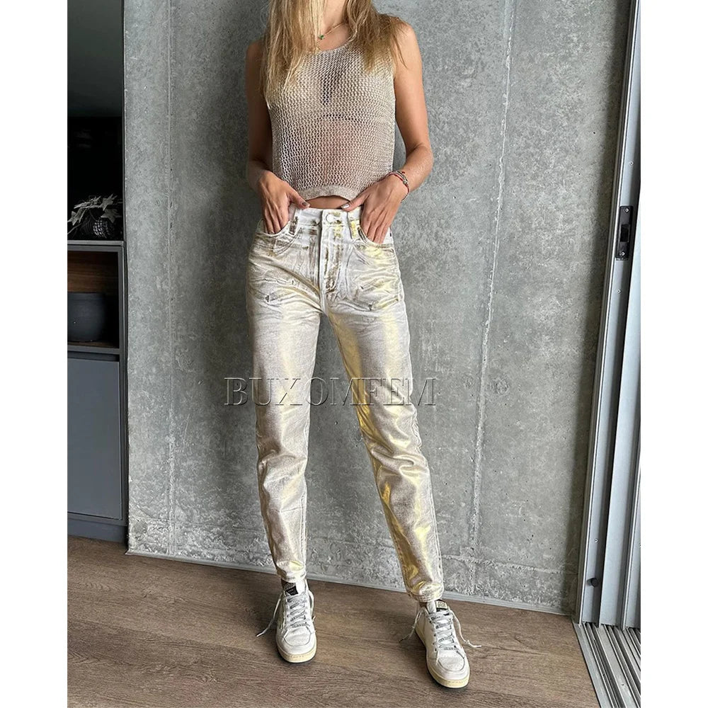 New Vintage Jeans Straight Wide Leg Jeans Female Summer New Fashion Silver Gold Women Metallic Denim Pants Streetwear Style Main image