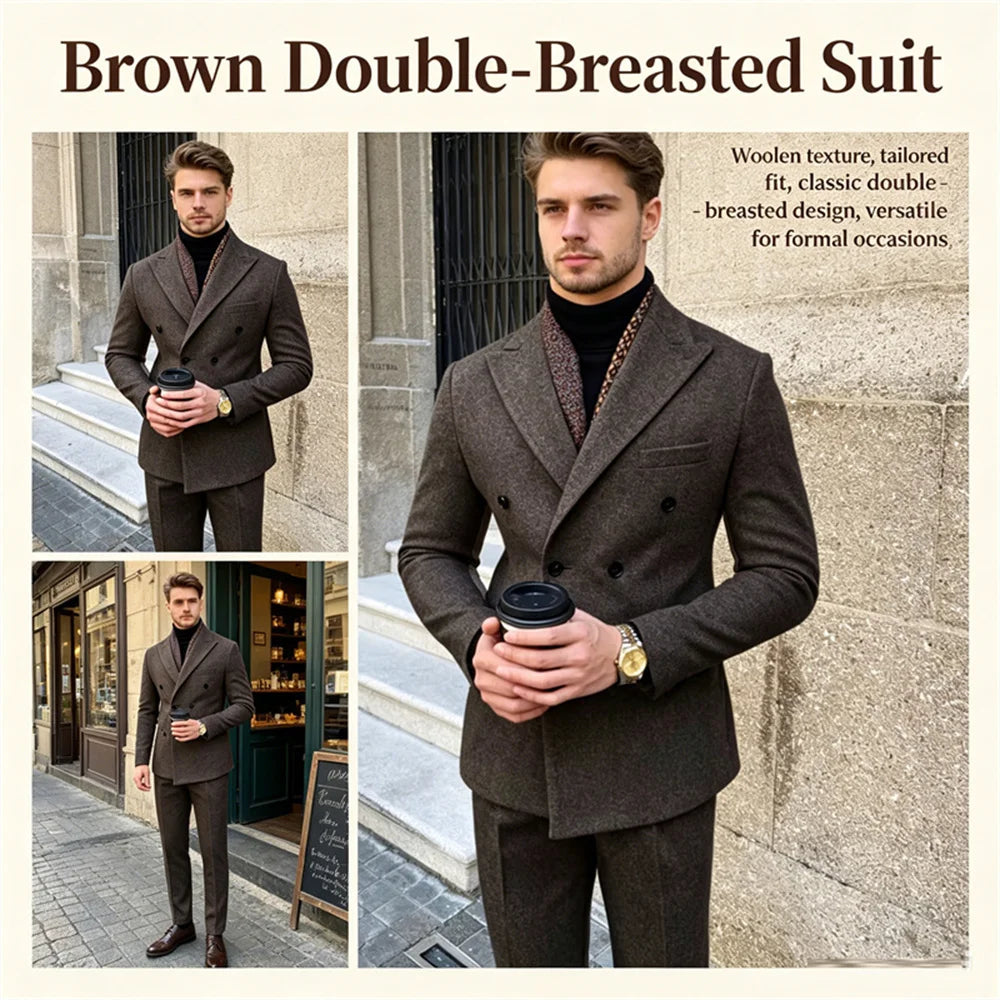 Wool Blend Men's 2 Piece Suit Set（Jacket+Pants) Double Breasted Lapel Suit Set Wedding Prom Dinner Wrok Travel Dinner Banquet